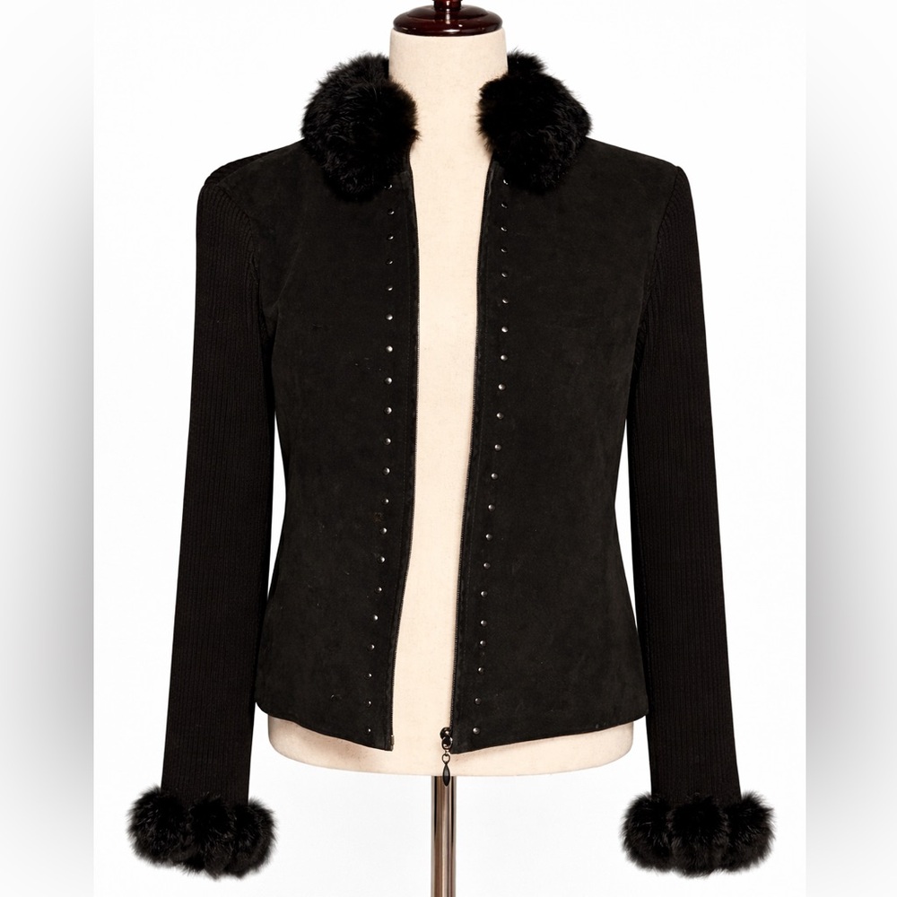 Vintage leather, knit and faux fur cardigan with studs. S